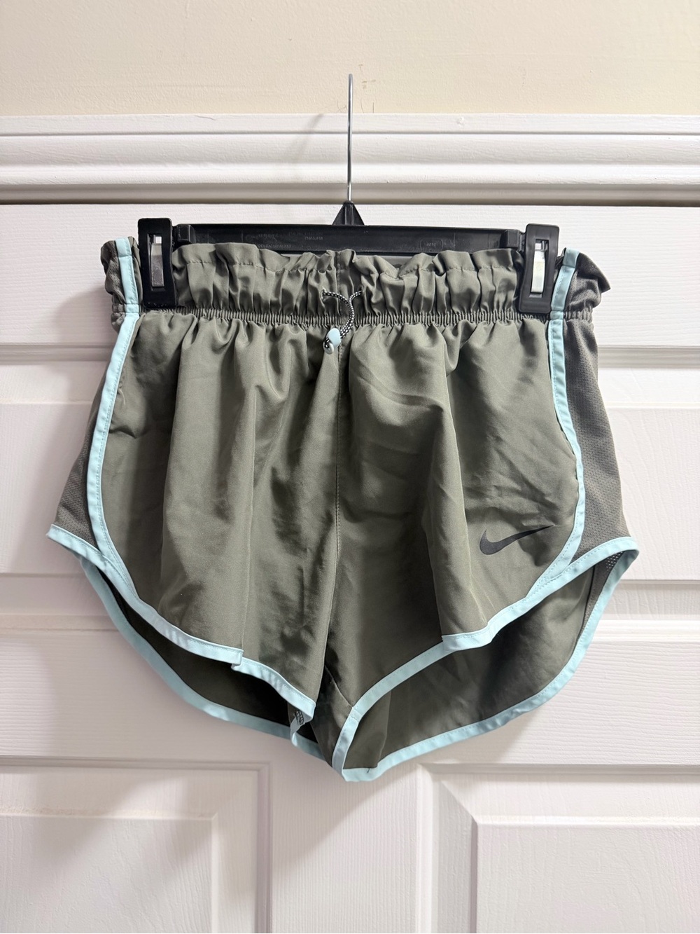 Nike Women’s Olive Green Athletic Shorts with Light Blue Trim